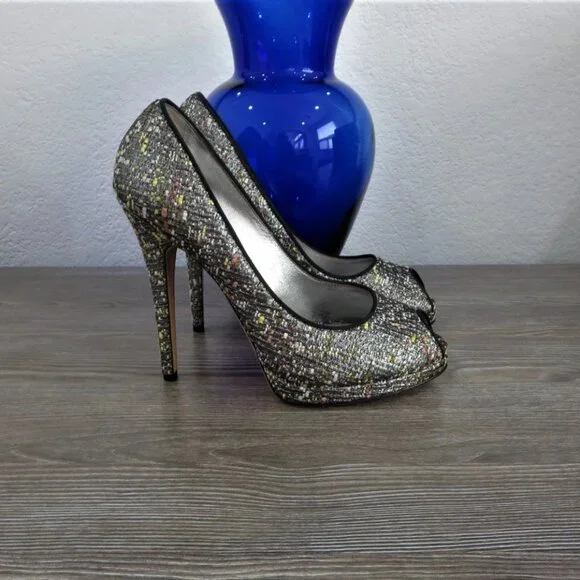 Near New Casadei Stiletto High Heels Peep Toe 9 Black Silver - Picture 4 of 16
